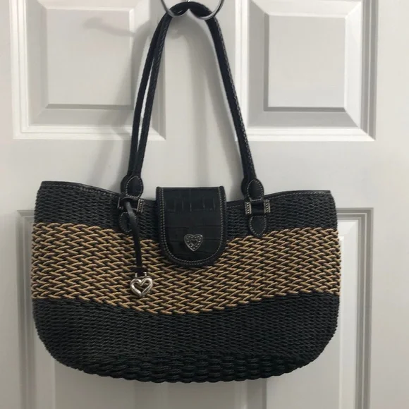 Authentic Brighton Nautical straw and leather Black and Tan handbag - Picture 1 of 3